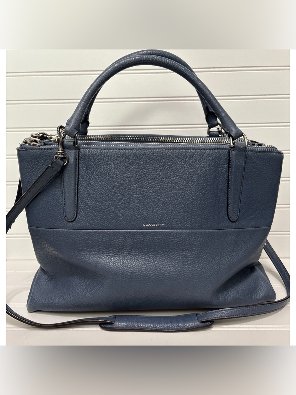 COACH Blue Chambray Borough Triple Compartment Leather Satchel Shoulder Bag Tote
